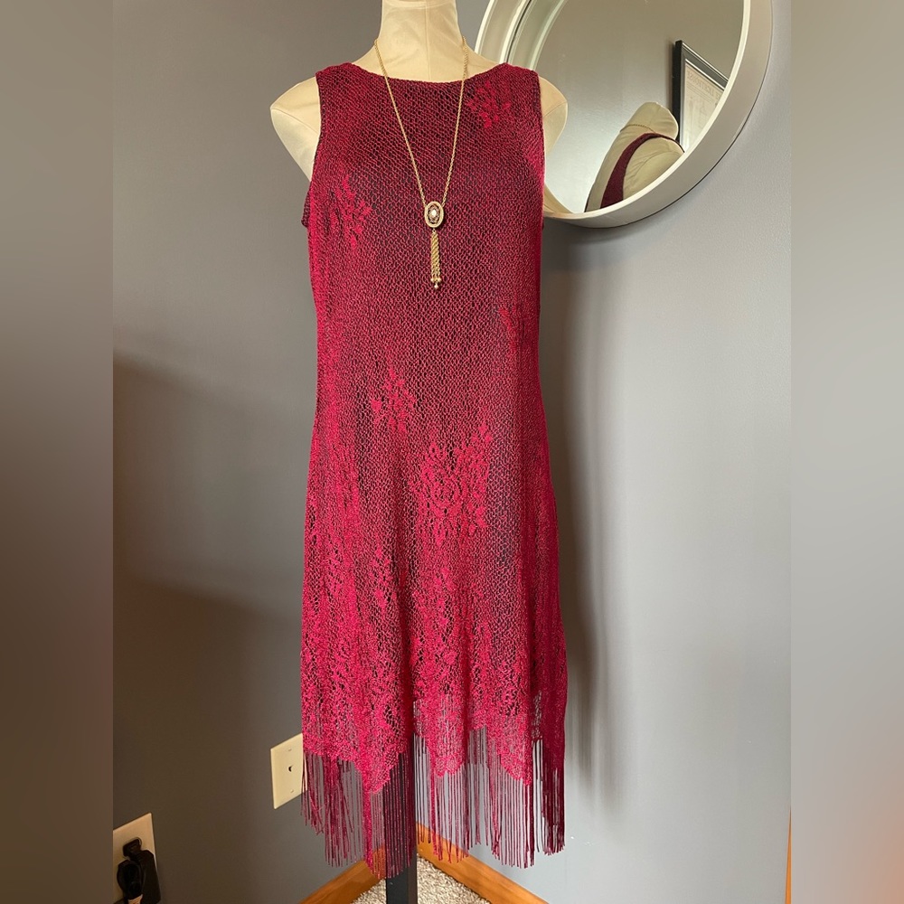 Harlow Wine Red Fringe Lace Sleeveless Dress